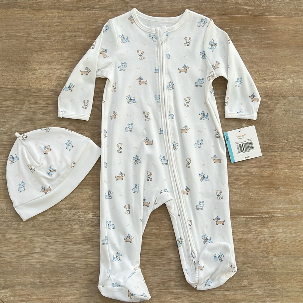 Little Me Baby Boy Pima Cotton Footie Sleeper and Hat 9 months Dogs